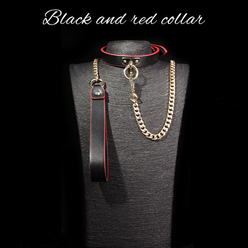 Dark Desire Collar & Blindfold Set – Black/Red Leather Chain Harness Accessories