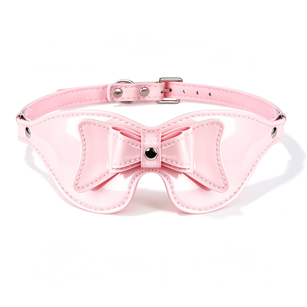 Pink Bow Collar & Glossy Leather Eye Mask Set – Adjustable PU Leather Choker with Bow Blindfold Accessory Set