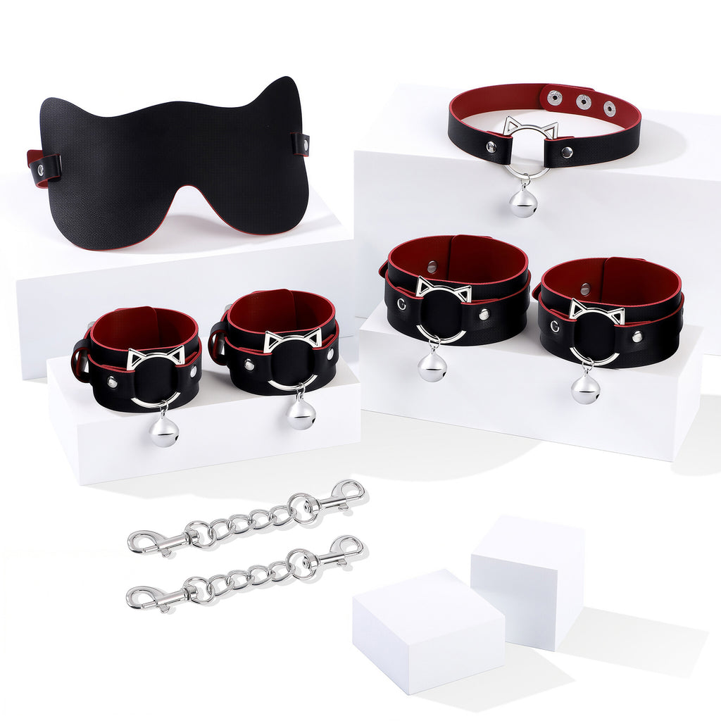PU Leather Roleplay Accessories Set 4PCS – Blindfold Wrist Cuffs Ankle Cuffs Collar Costume Kit