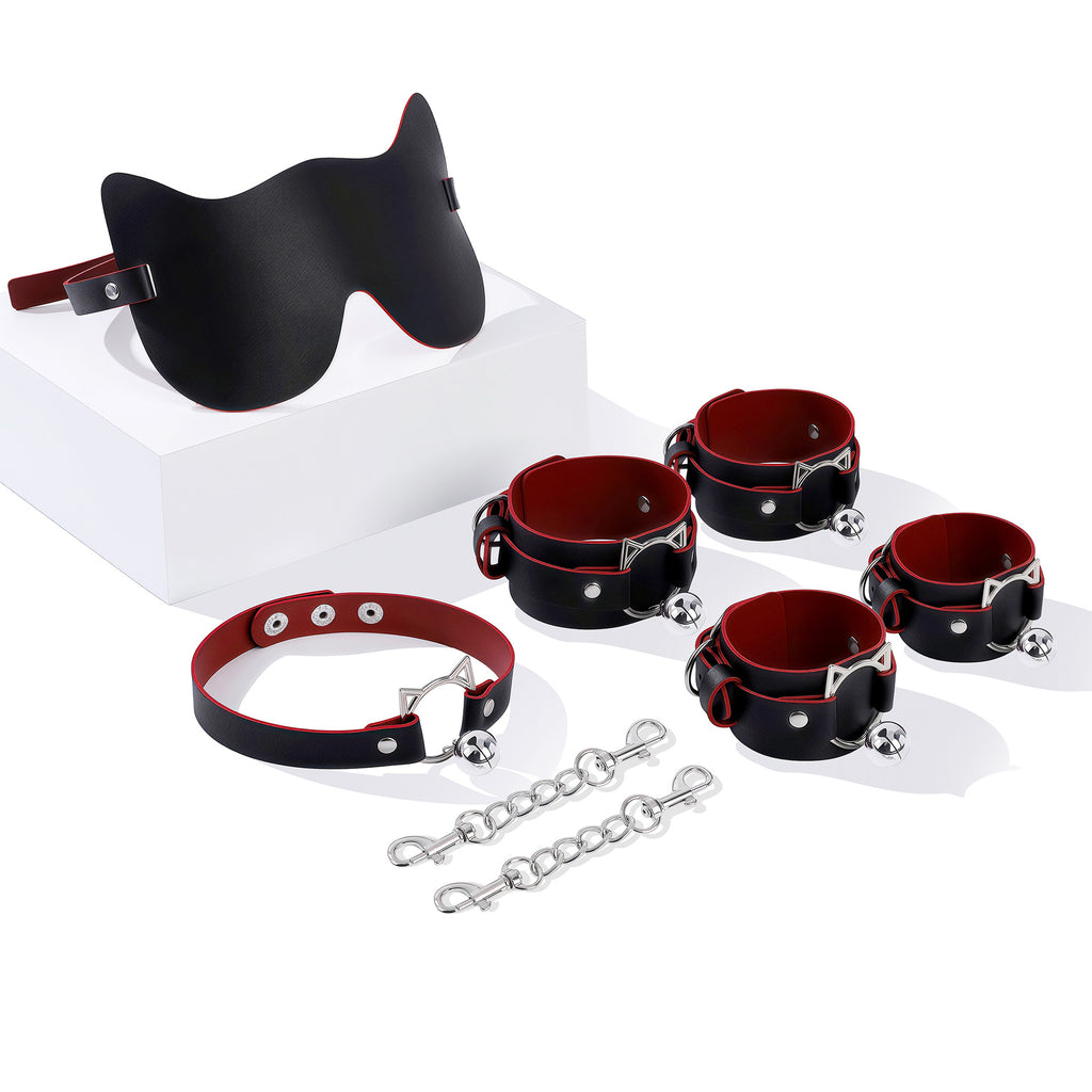 PU Leather Roleplay Accessories Set 4PCS – Blindfold Wrist Cuffs Ankle Cuffs Collar Costume Kit