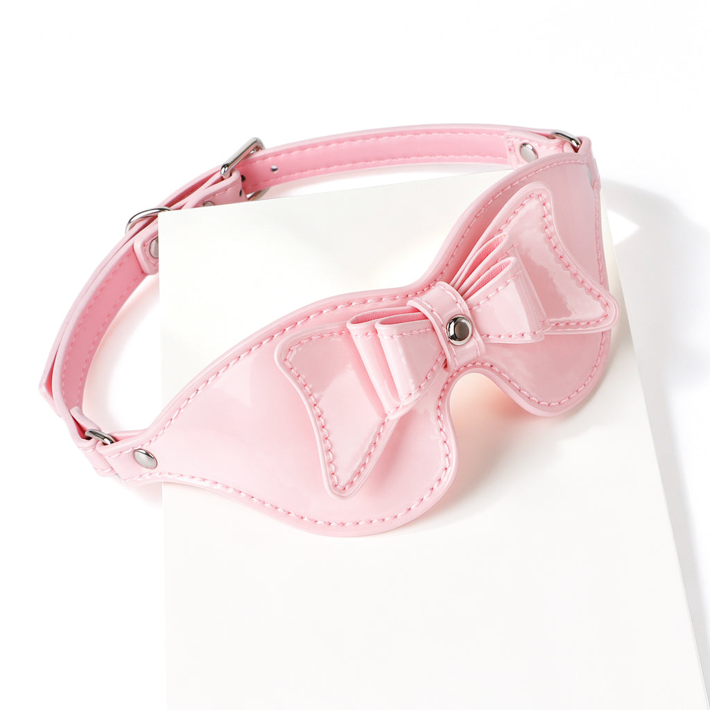Pink Bow Collar & Glossy Leather Eye Mask Set – Adjustable PU Leather Choker with Bow Blindfold Accessory Set