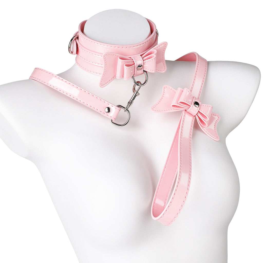 Pink Bow Collar & Glossy Leather Eye Mask Set – Adjustable PU Leather Choker with Bow Blindfold Accessory Set