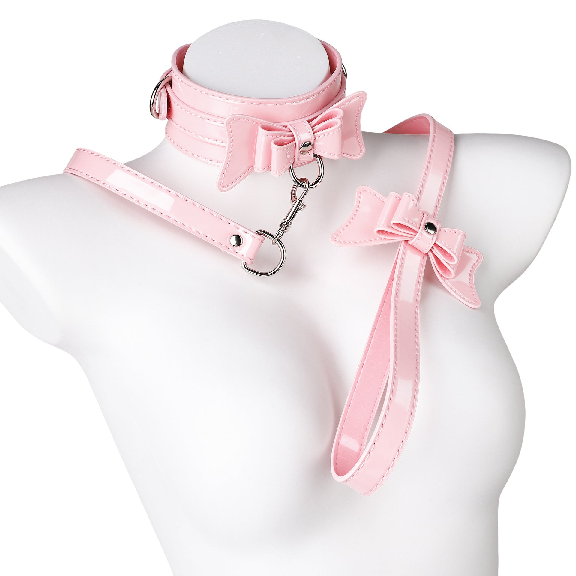 Pink Bow Collar & Glossy Leather Eye Mask Set – Adjustable PU Leather Choker with Bow Blindfold Accessory Set