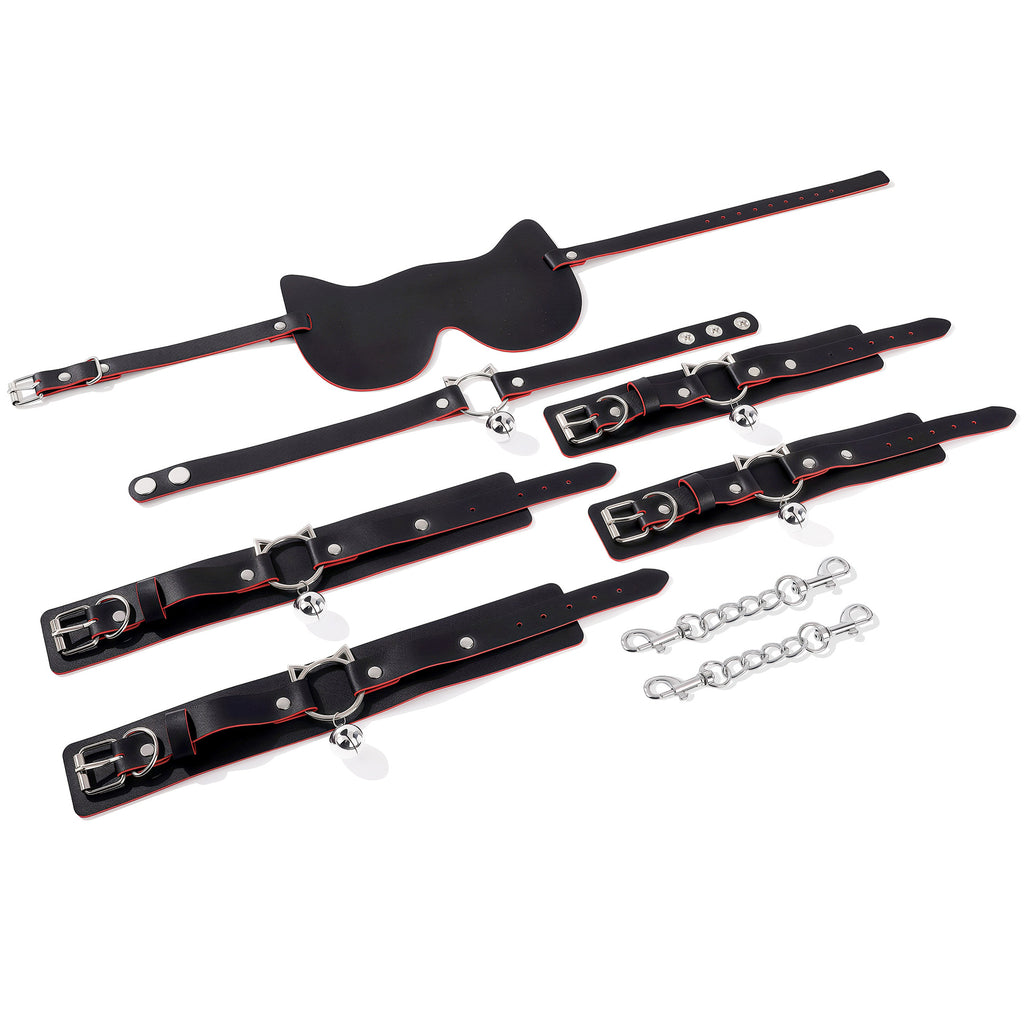 PU Leather Roleplay Accessories Set 4PCS – Blindfold Wrist Cuffs Ankle Cuffs Collar Costume Kit