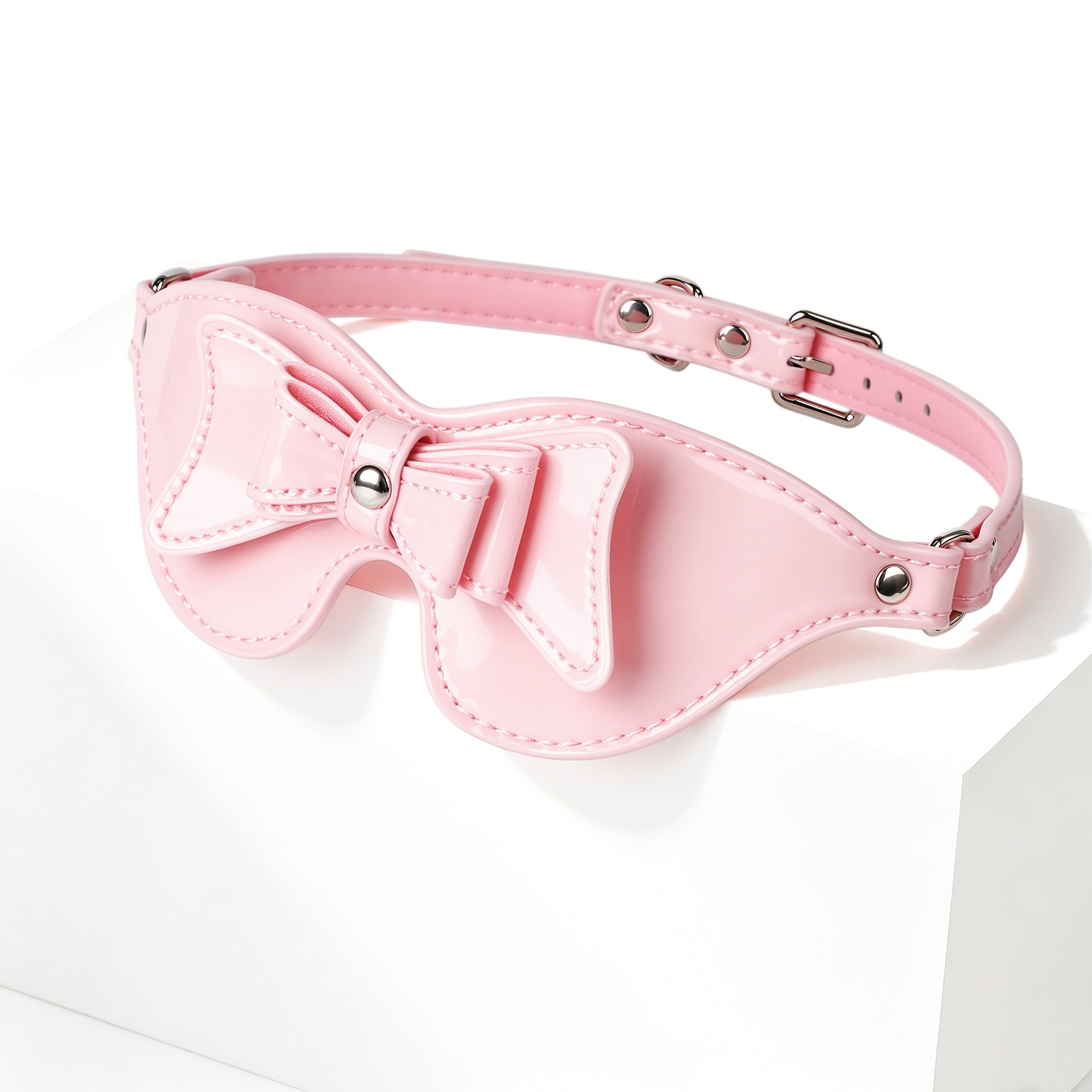 Pink Bow Collar & Glossy Leather Eye Mask Set – Adjustable PU Leather Choker with Bow Blindfold Accessory Set