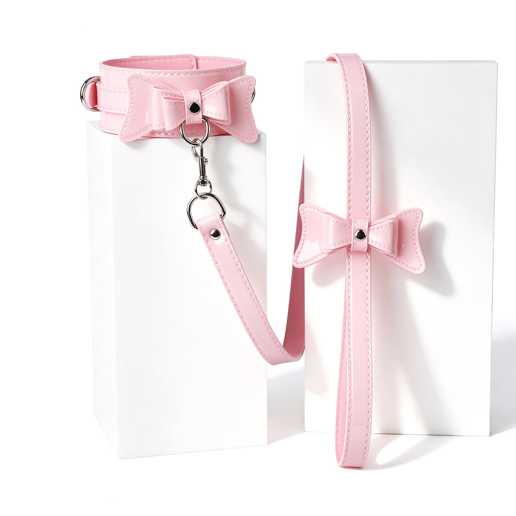 Pink Bow Collar & Glossy Leather Eye Mask Set – Adjustable PU Leather Choker with Bow Blindfold Accessory Set