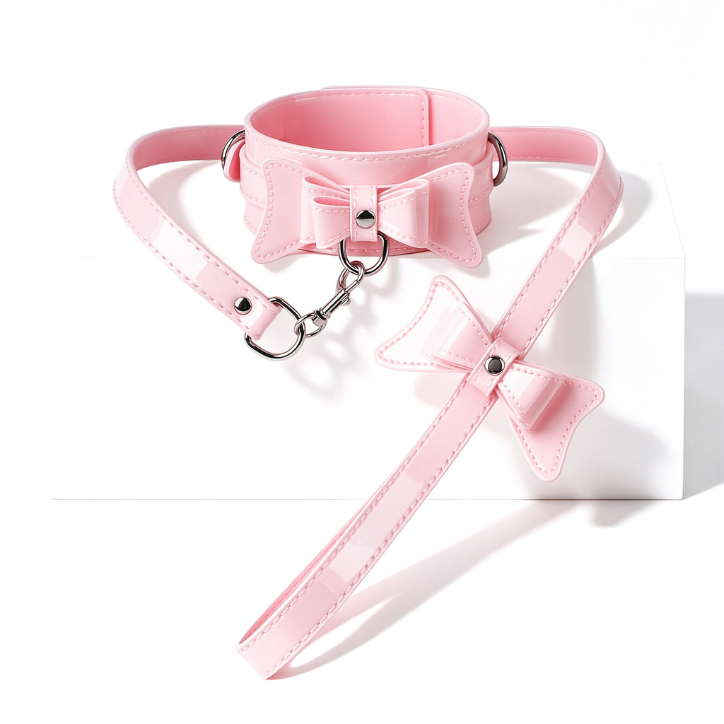 Pink Bow Collar & Glossy Leather Eye Mask Set – Adjustable PU Leather Choker with Bow Blindfold Accessory Set