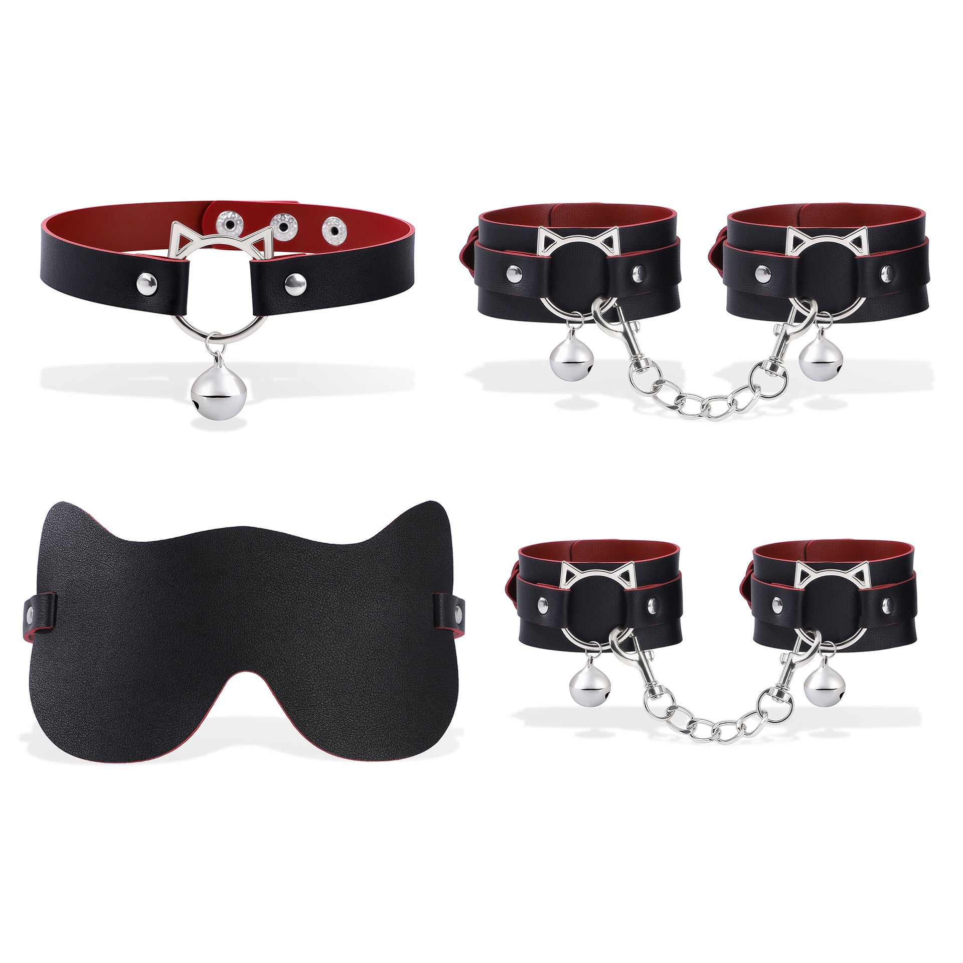 PU Leather Roleplay Accessories Set 4PCS – Blindfold Wrist Cuffs Ankle Cuffs Collar Costume Kit