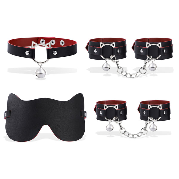 PU Leather Roleplay Accessories Set 4PCS – Blindfold Wrist Cuffs Ankle Cuffs Collar Costume Kit